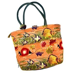 Surviving Stress Canvas Fish Print Beach Tote Bag Large Zip Top Multicolor